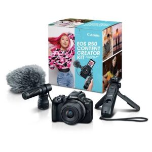 Canon EOS R50 24.2MP mirrorless content creator camera with 18-45mm lens tripod grip and microphone